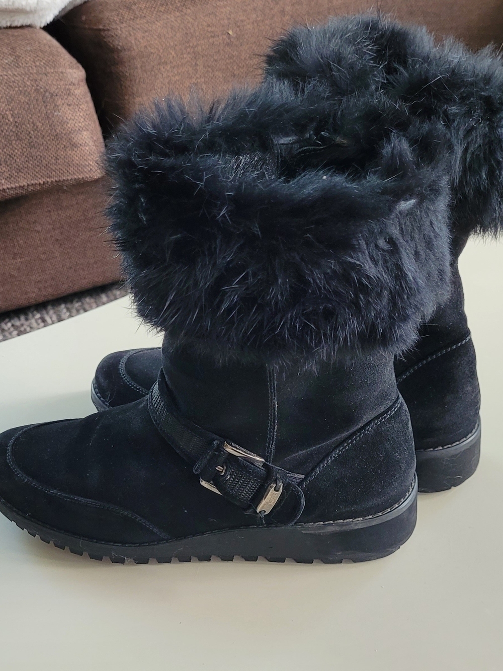 Stuart Weitzman Black Suede Fur-Trim Winter Boots